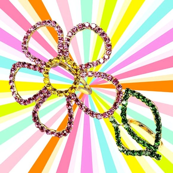 Rhinestone pop posy two finger ring. Pink, green and yellow rhinestones … - Picture 1 of 6